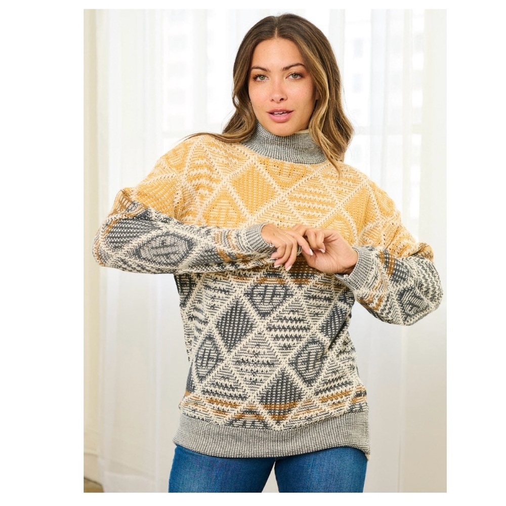 HEM & THREAD Aztec Mock Turtleneck Geometric Textured Patterned Sweater Pullover - Picture 10 of 10